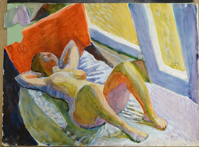 Zdzislaw Ruszkowski (Polish, 1907-1990), watercolour on card, Study of a reclining nude woman, indistinctly signed lower right, 56 x 76cm, unframed